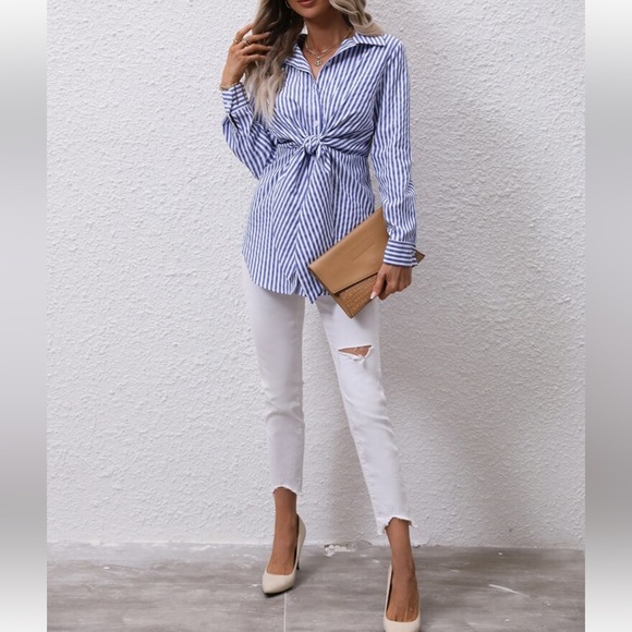 Classic Striped Knot Front Curved Hem Button Down Shirt Top Blouse - Picture 8 of 8